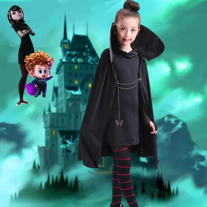 Карнавальный костюм для девочек с героями мультфильма «Трансильвания», мависа, черная накидка, пальто с футболкой и штанами, карнавальный костюм на Хэллоуин