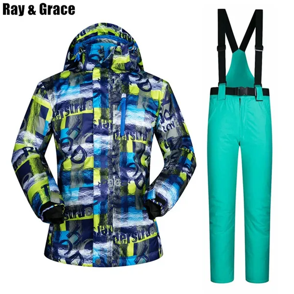 Blue-Green RAY GRACE лыжный костюм для мужчин зимняя теплая куртка брюки набор Сноубординг горный Лыжная одежда водонепроницаемый ветрозащитный защита от снега - Цвет: Blue-Green