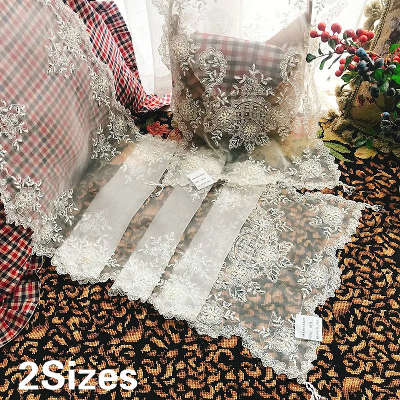 

Luxury Lace Handmade Glitter Pearls Beads Table Runner Rectangular Cloth Tassel Embroidered Tablecloth For Wedding Banquet Decor