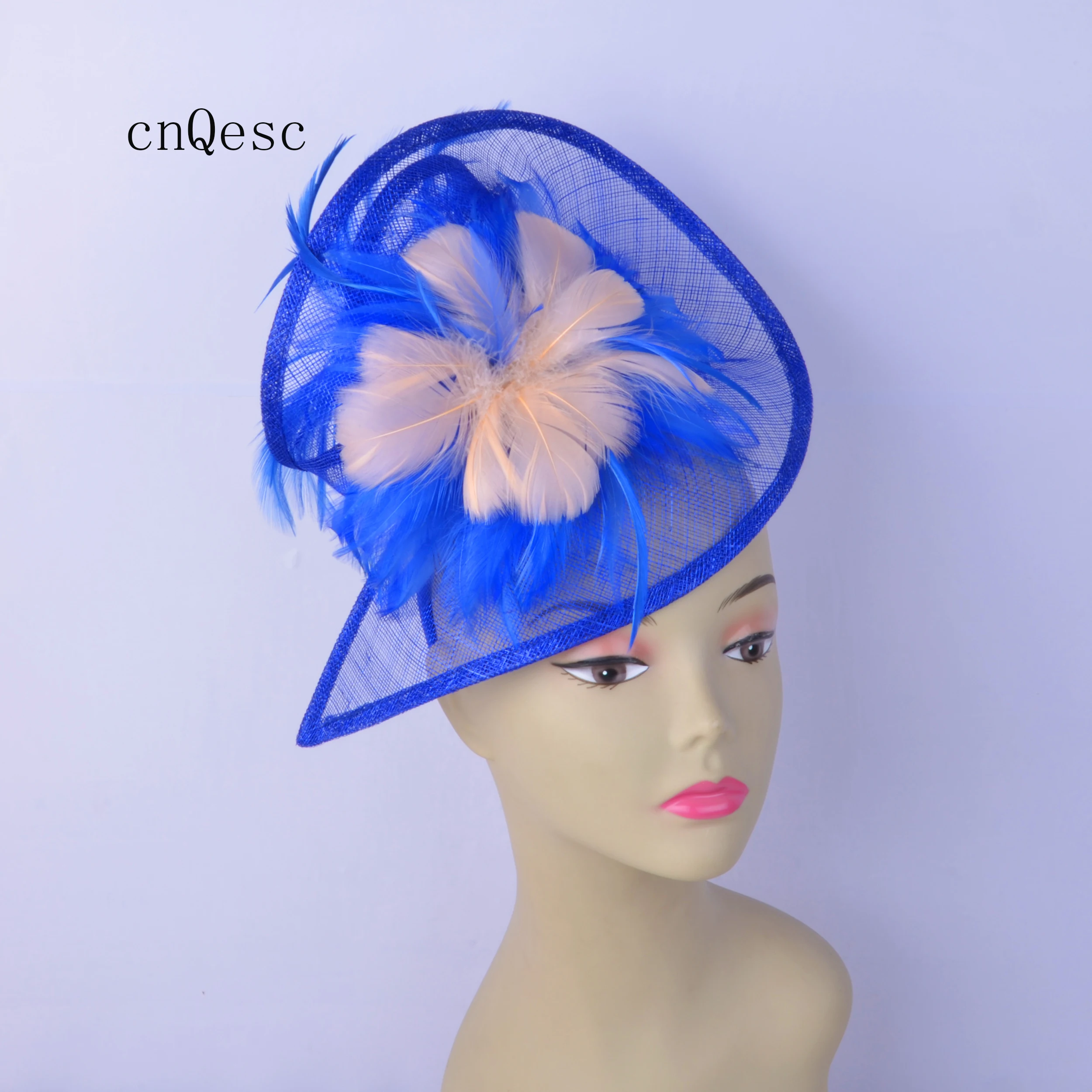 

2019 Royal blue nude pink Sinamay feather fascinator hat Women hat.