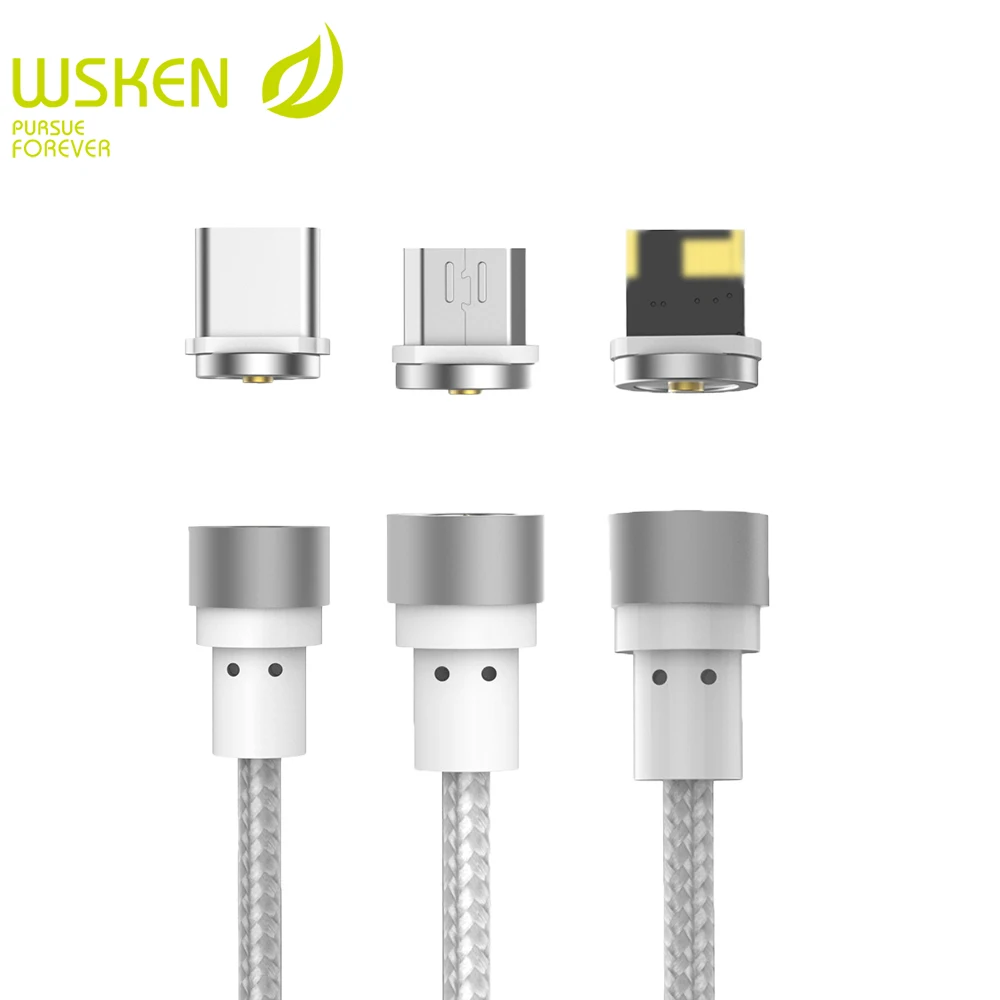 WSKEN Круглый Магнитный кабель, USB C type C Micro USB кабель магнитное зарядное устройство кабели для мобильных телефонов для iPhone 7 8 X USB кабель