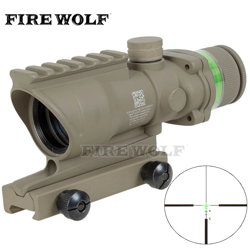 

Tactical Acog Style 4x32 Rifle Scope Tan Red Dot Green Optical Fiber 20mm Rail