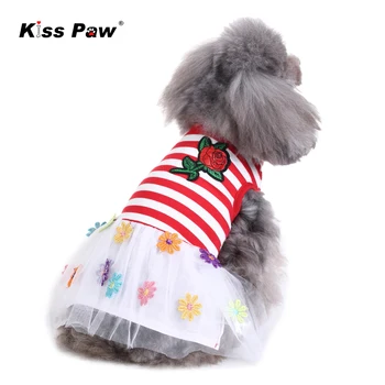 

Cute Princess Pet Dog Clothes Weeding Dress Cotton Red Striped Rugosa Rose Embroidery Tutu Dress For Dog Chihuahua Shih Tzu New
