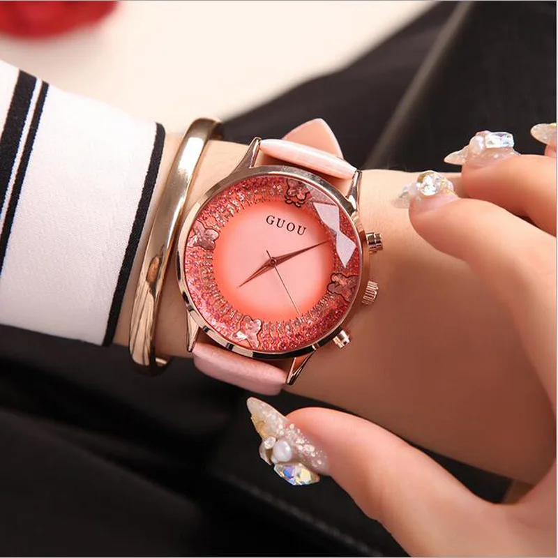 GUOU часы Для женщин Изысканный Топ Роскошные Алмаз кварцевые женские часы модные кожаные Наручные Для женщин часы Saat Relogio feminino - Цвет: gold pink