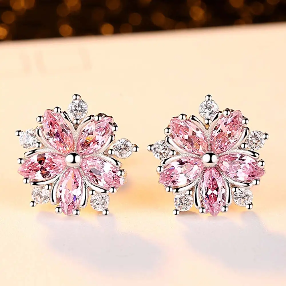 

Beiver Pink Sakura Cubic Zirconia Earrings for Women in Rhodium Plated Wedding Decoration Fashion Jewelry Free Shipping