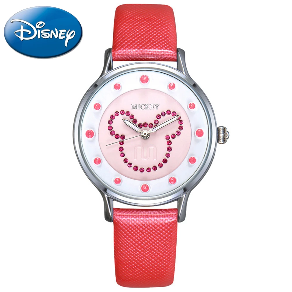 

Mickey Ladies Luxury Rhinestone Genuine Leather Round Watches Girls Lovely Women Dress Fashion Casual Quartz Watch Disney Clock