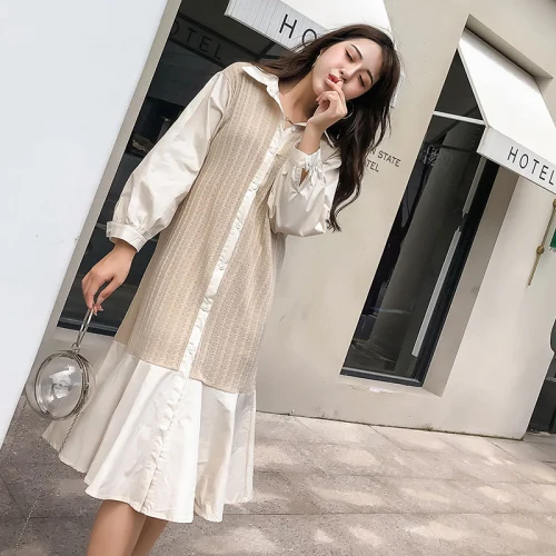 

Loose Women Dress Peter Pan Collar Patchwork Knitting Dress Women Korean Knee-length Casual Dress Women