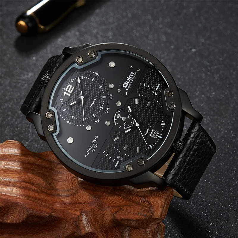 Oulm HP3548M Two Time Zone Big Men's Watches Luxury Brand Large Dial Casual Leather Strap Wristwatch Man Sport Watch