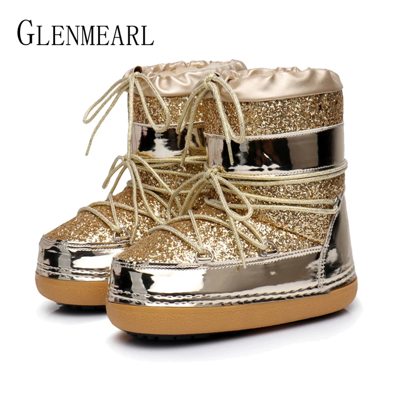 Botas de nieve de invierno botas de tobillo de las mujeres zapatos de piel caliente botas Mujer Plus tamaño zapatos casuales zapatos de plataforma antideslizante oro Bling la falta a DE - 1