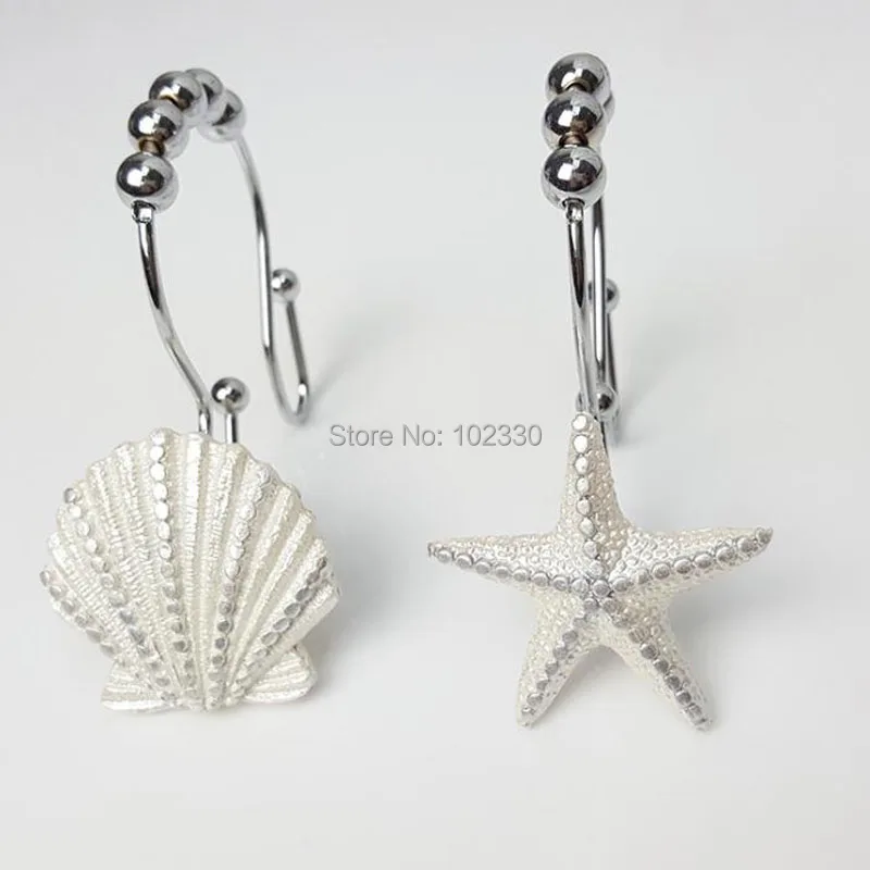 

12pcs/set Shell Design Shower Curtain Roller Rings Seashell Starfish Bathroom Hooks Curtain Tieback ZA6918