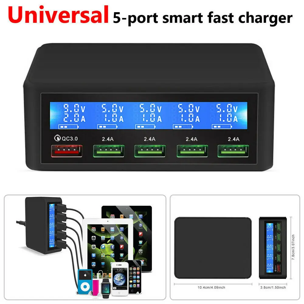 

QC 3.0 Quick Charge 5 Port Usb LCD Display Carregador Multi Mobile Phone Fast Wall Chargeur For Iphone Xiaomi Wall Charger