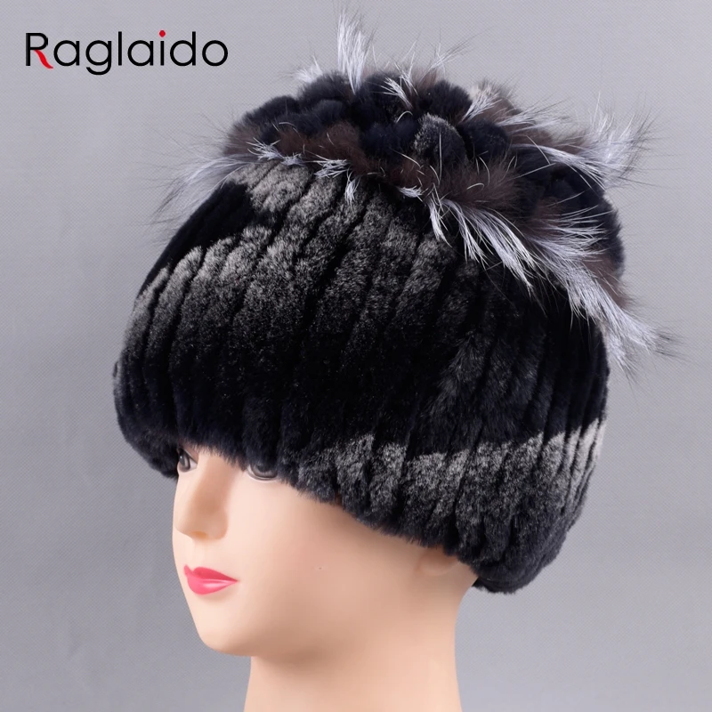 

Raglaido 2017 Genuine Knitted Rex Rabbit Fur Hats for Women's Beanies Real fur Winter Hats with fox Floral Russian Hat LQ11218