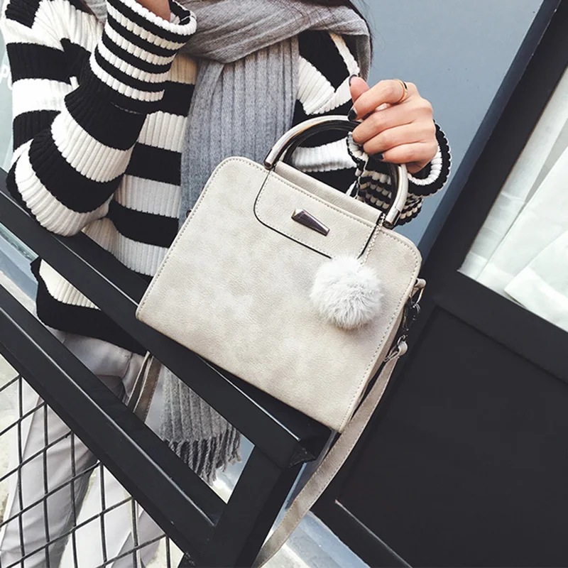 

Women Top Handle Satchel PU Leather Handbags Tote Purse Iron Medal Shoulder Bag With Hairball Crossbody Bag