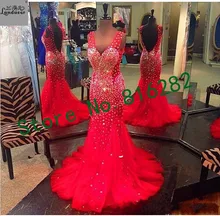 2016 Satin V-ausschnitt Abendkleid Meerjungfrau Kristall Tank Hülse Formale Party Kleider Sweep Zug Backless Sexy vestidos de festa