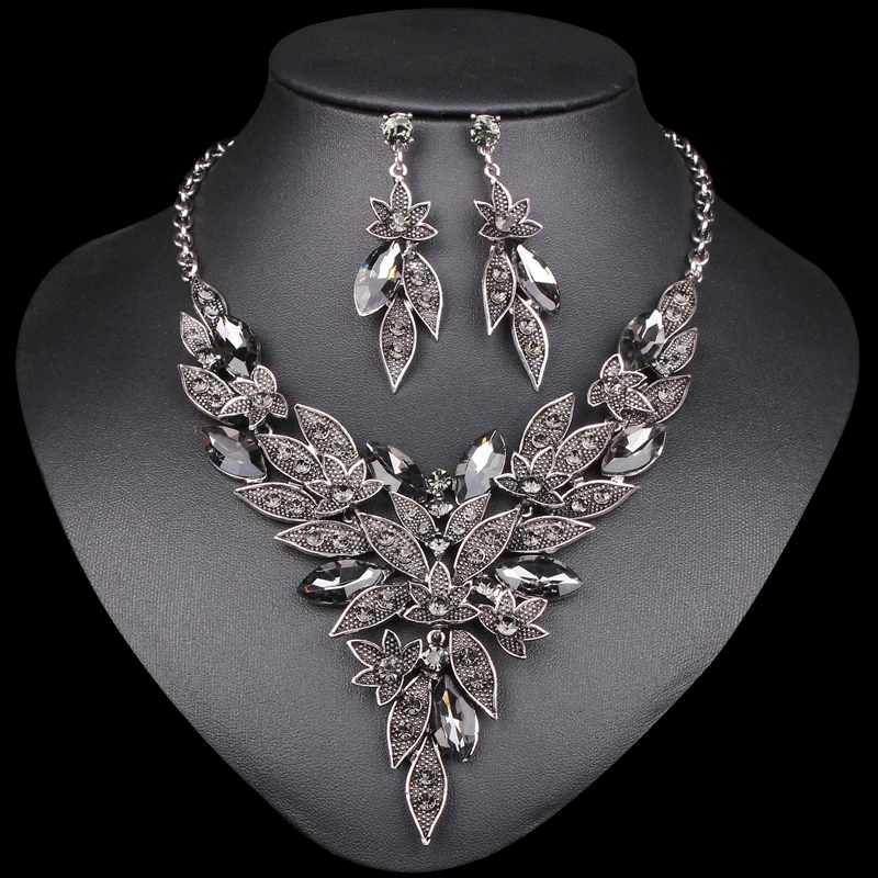 

Fashion Leaf Necklace Earrings Set Vintage Bridal Jewelry Sets Rhinestone Crystal Party Wedding Prom Costume Jewellery for Women