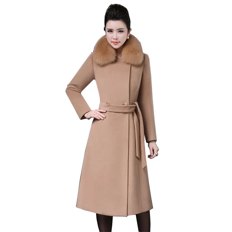 Plus size 4XL Middle aged Womens Woolen Coat Winter 2018 New Imitation Fox Fur Collar Wool Overcoat Long Slim Woolen Jacket