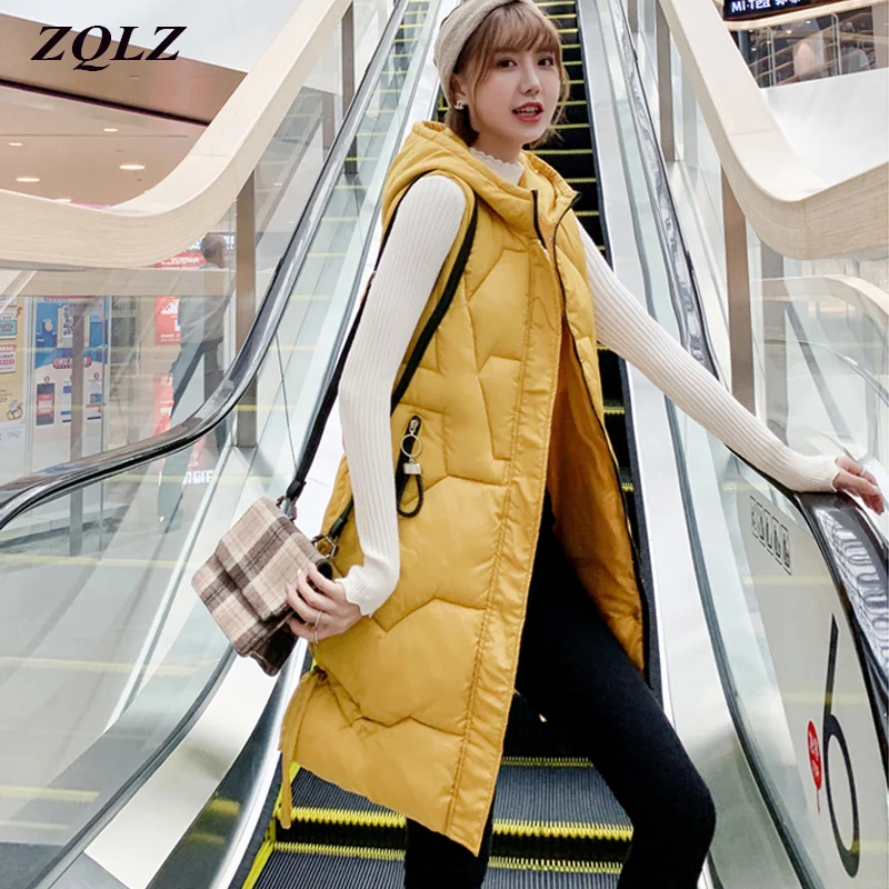 

Zqlz 2019 Autumn Winter Hooded Vest Long Coat Women Thick Cotton Padded Jacket Female Overcoat Plus Size Sleeveless Waistcoat