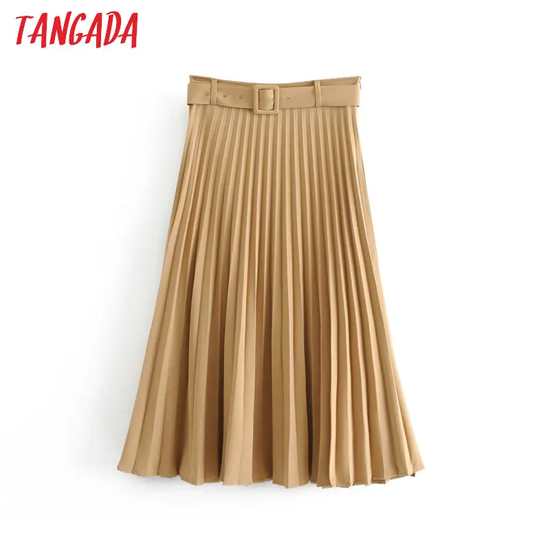 

Tangada women khaki pleated skirts faldas mujer 2019 vintage female sashes side zippers mid-calf skirts casual brand 6A118