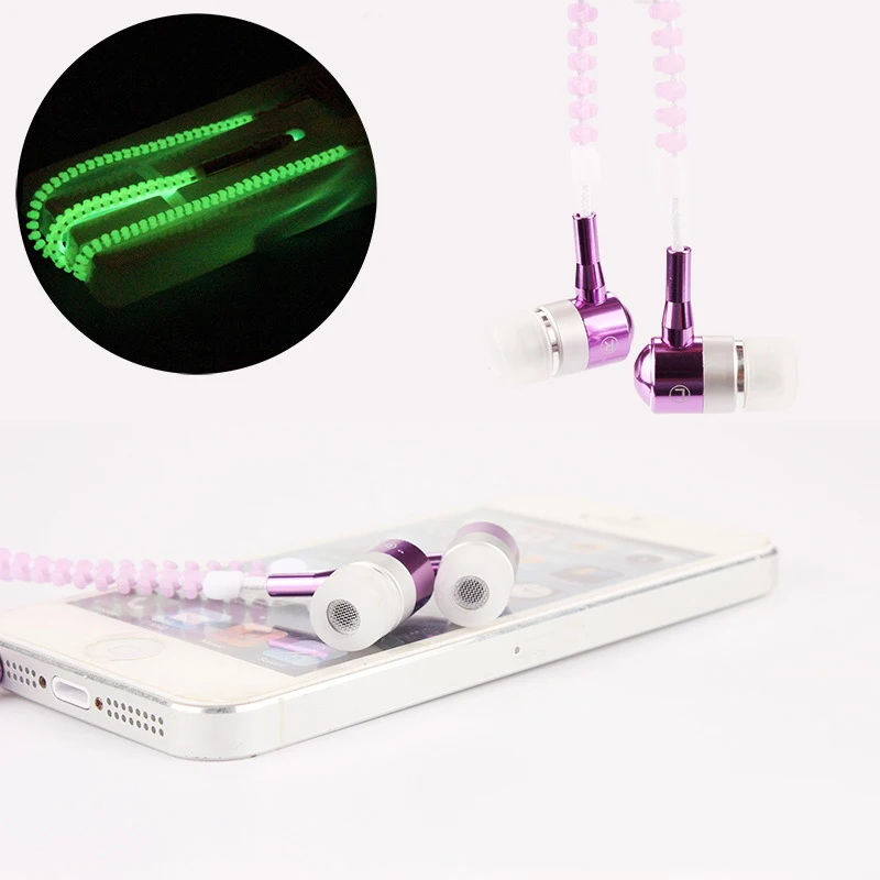 Glow Zipper Ear Earphones Luminous Metal Zipper Earphone Glowing In The