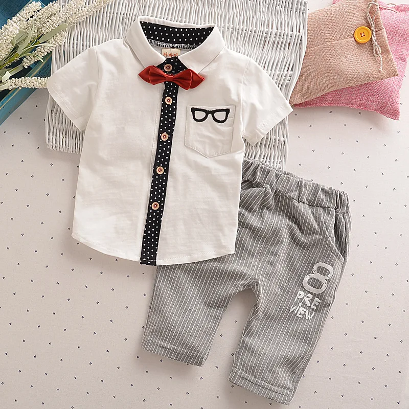 Малышей Детская одежда Летняя одежда для маленьких мальчиков Комплекты Одежда для джентльменов костюмы Детский свитер Детская деловая рубашка+ короткие штаны