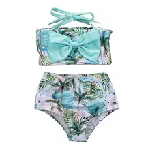 Купальный костюм из 2 предметов для маленьких девочек, купальный костюм с бантом и принтом кокосовой волны, комплект бикини для девочек, купальный костюм, плавательный комплект, детская одежда