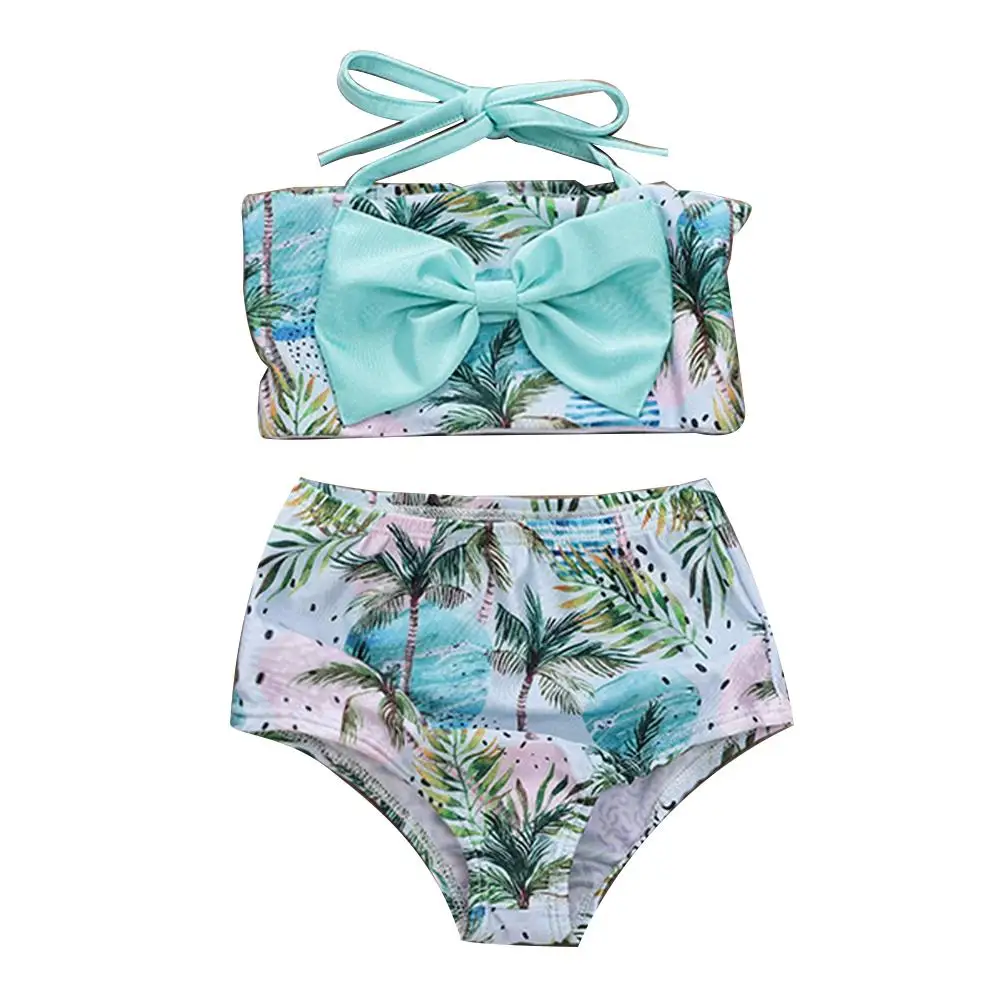 

2Pcs baby girl swimwear Coconut Sea Wave Print Bowknot swimwear kids girls Bikini Set Bathing Suit Swimsuit Sets Kids Clothes