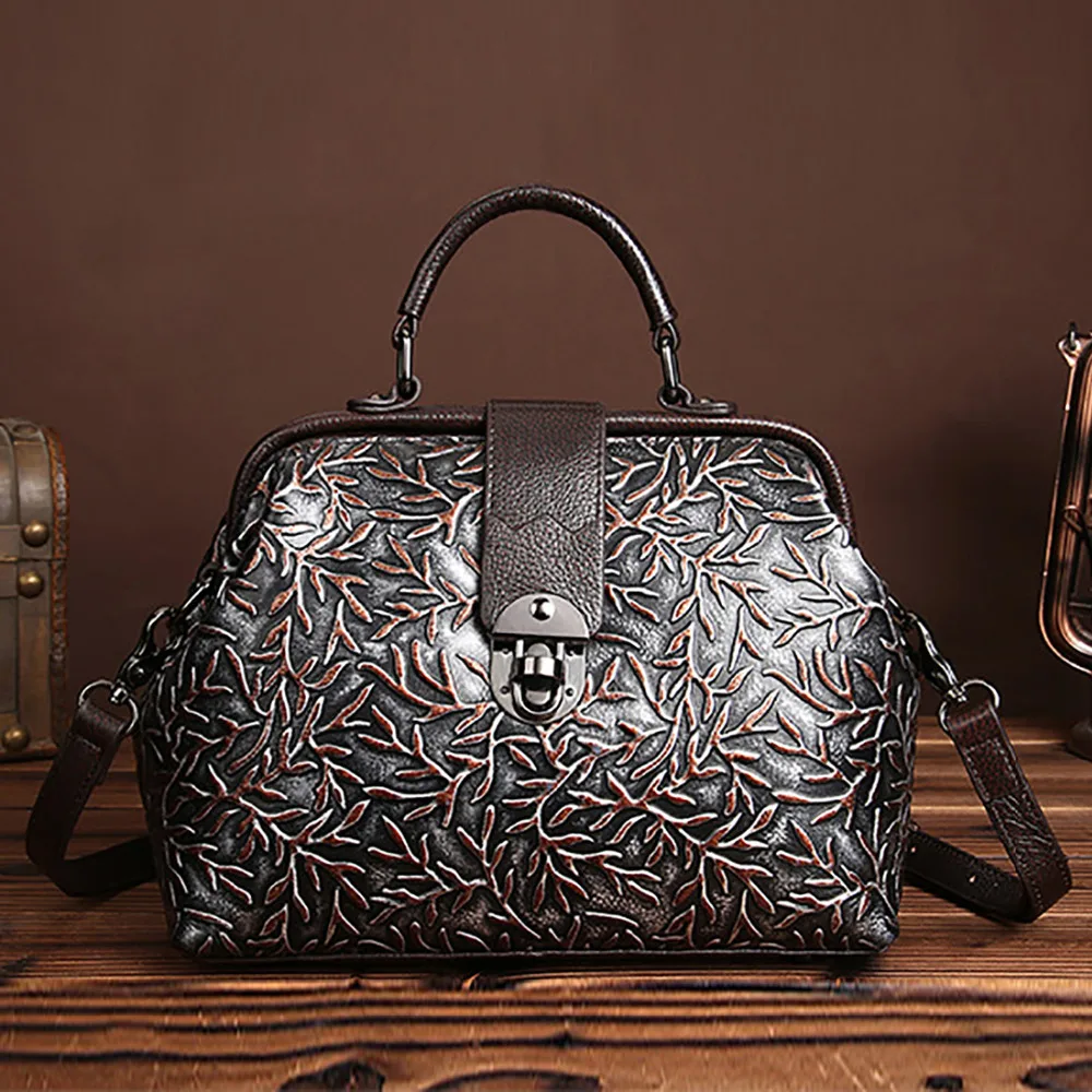 Made of Embossed Leather Women's Handbag Genuine Leather Vintage Tote