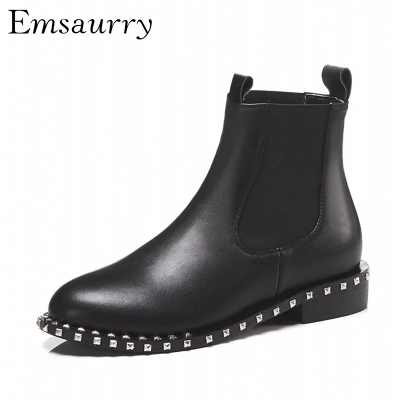 

Fashion Runway Botas Mujer Elastic Band Black Leather Square Low Heel With Rivet Short Booties Women