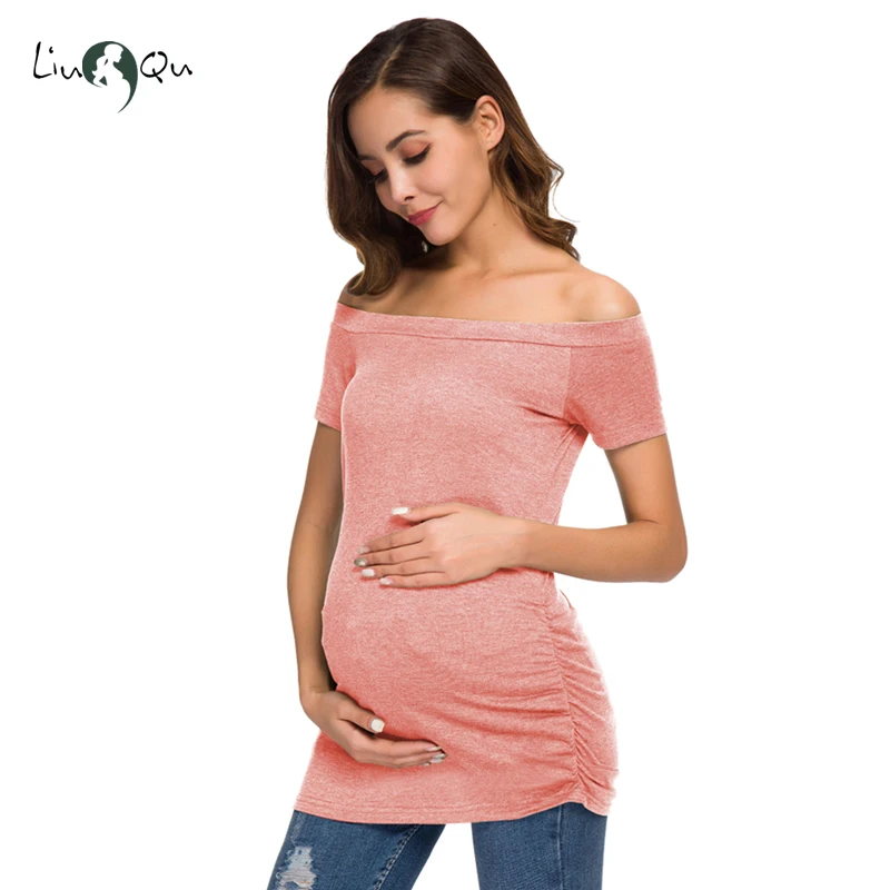 

2019 Pink Color Womens Maternity Tops Off Shoulder Side Ruched Pregnancy Short Sleeve Mama Tee T-Shirt Mama Maternity Clothes