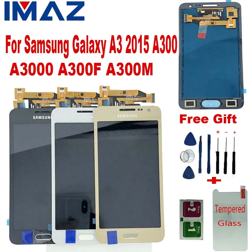 Цена IMAZ Отрегулируйте яркость ЖК дисплей для samsung Galaxy A3 2015 A300 A3000 A300F A300M ЖК дисплей + кодирующий преобразователь сенсорного экрана в сборе + кнопка