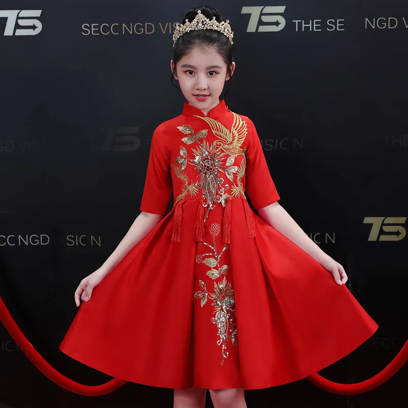 Viento chino niñas bordado Color rojo Año nuevo vestido de fiesta niños adolescentes Piano elegante vestido de boda del desfile - 1