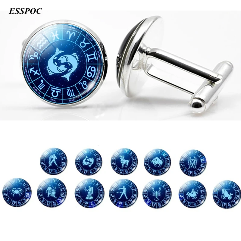 

12 Zodiac Signs Glass Cabochon Cufflinks Silver Metal Constellations Cuff Link for Men Shirt Accessories Valentines Day Gifts