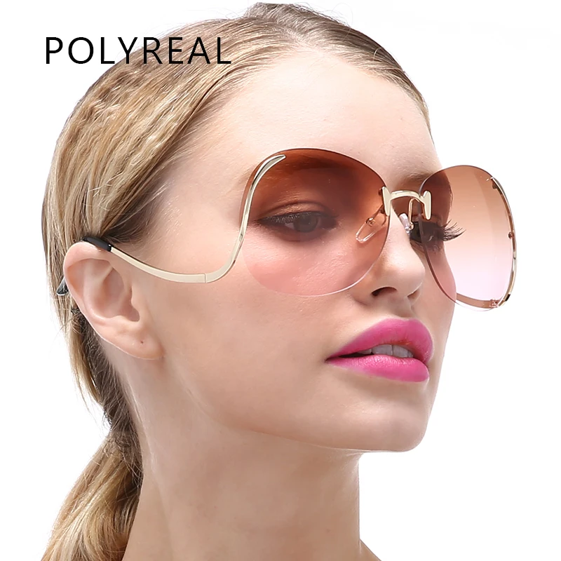 POLYREAL New Vintage Oversized Rimless Sunglasses Retro Women Men Optics Large Metal Sun Glasses