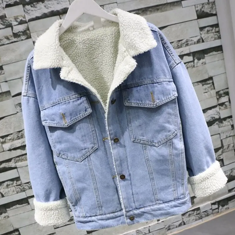 Vangull الفراء اصطف الدنيم سترة الخريف الشتاء 2019 جديد النساء امبسوول جان معطف جيوب طويلة الأكمام الدافئة الجينز معطف أبلى