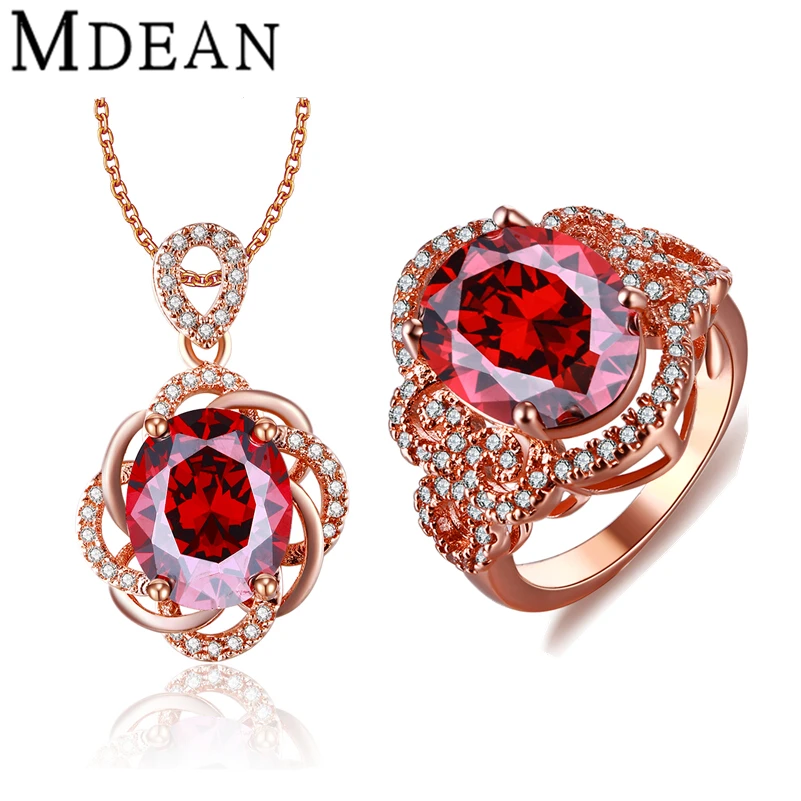 MDEAN Rose Gold Plated Wedding Jewelry Sets Red Stone AAA Zircon Engagement Rings Pendant fashion accessories