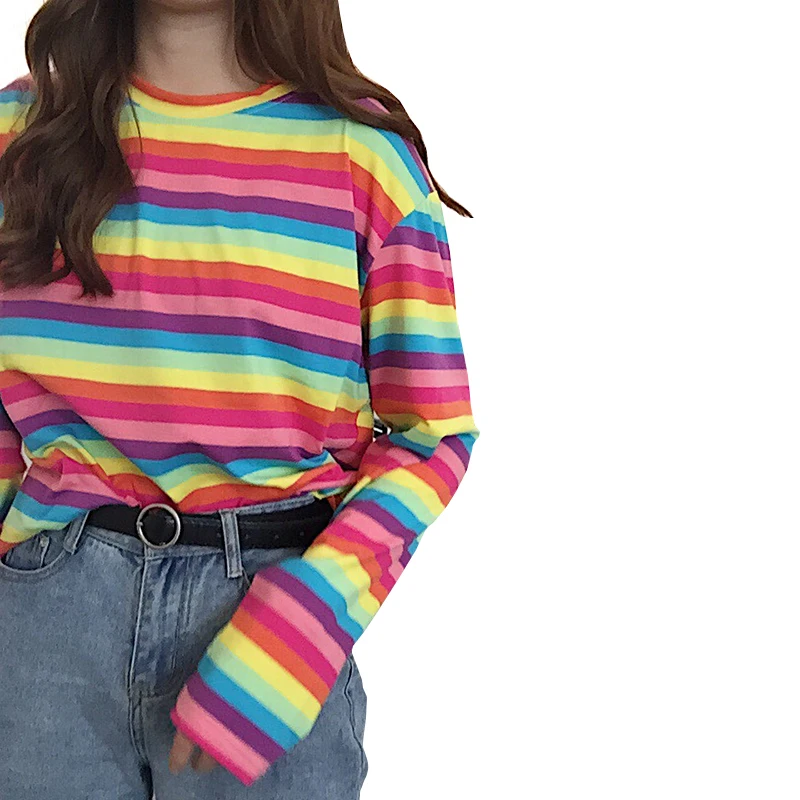 

Japanese Female Shirt Long Sleeved Ladies T-shirts Woman Tops Harajuku Kawaii Women Casual Rainbow Stripe T Shirt For Girls 2018