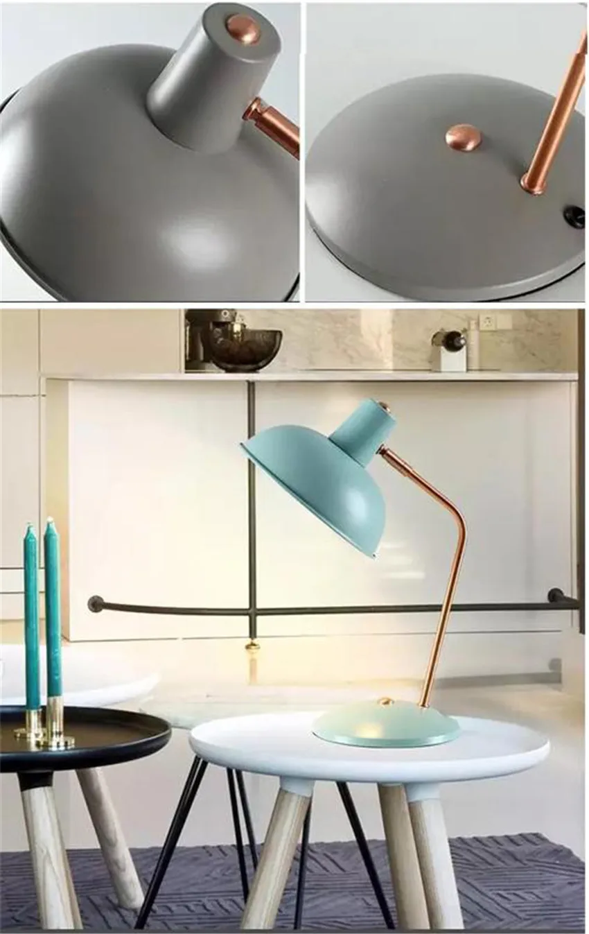 Modern Fashion Metal Table Lamp for Living Room Bedroom Study Offiee,Gray Blue Pink Green Wrought Iron Bedside Reading Lamp