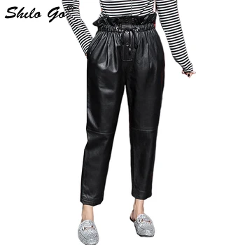 

Streetwear Leather Pants Women Casual Lace Up High Waist Sheepskin Genuine Leather Harem Pants Concise Loose Female Capris Black