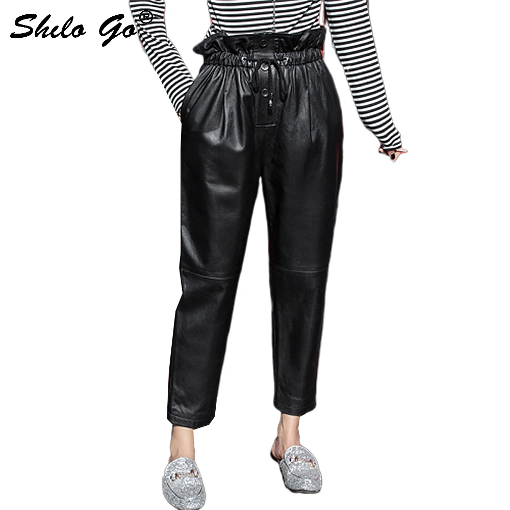 Streetwear Lederen Broek Vrouwen Casual Lace Up Hoge Taille Schapenvacht Lederen Harembroek Beknopte Losse Vrouwelijke Capri Zwart Streetwear Lederen Broek Vrouwen Casual Lace Up Hoge Taille Schapenvacht Lederen Harembroek Beknopte Losse Vrouwelijke Capri Zwart