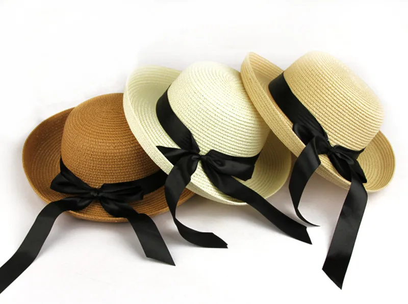 BomHCS Лето Для женщин лук Керлинг Черной Лентой соломенная шляпа шапки путешествия пляж солнце Шапки 17F-311MZ9