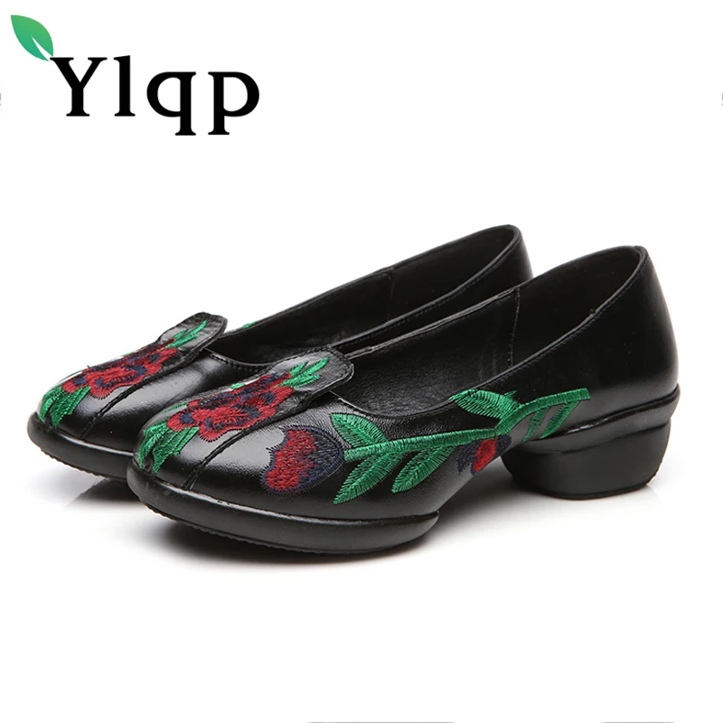 

Ylqp Women Printing Dance Shoes Female Spring Vintage Floral Shoes Woman Soft Bottom Comfortable Genuine Leather Pumps Zapatos