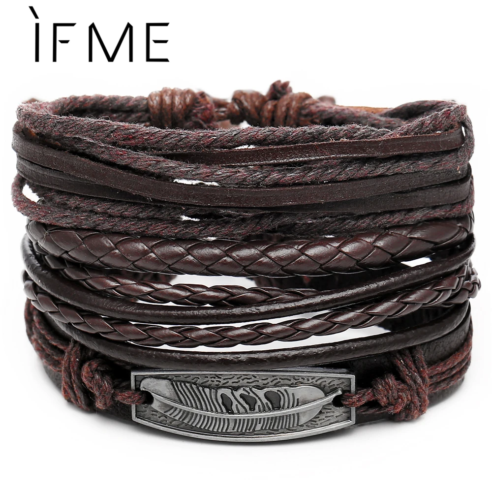 

IF ME Fashion Multilayer Leather Bracelets Set for Men Women Vintage Feather Rope Weave Handmade Beads Braided Bracelet Jewelry