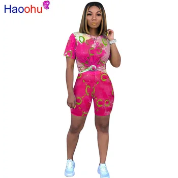 

HAOOHU Two Piece Club Set Women Party Tracksuit 2019 Sexy Top And Pants Biker Shorts Print 2 Piece Outfits Set Matching Sets