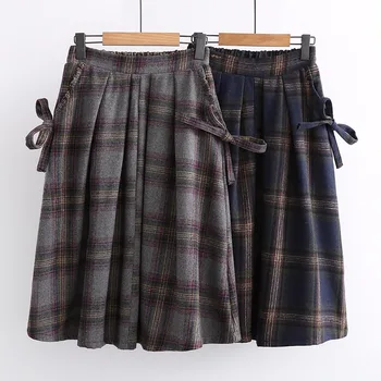

Japanese Style School Girl Winter Skirt Faux Woolen Plaid Below the Knee Skirt
