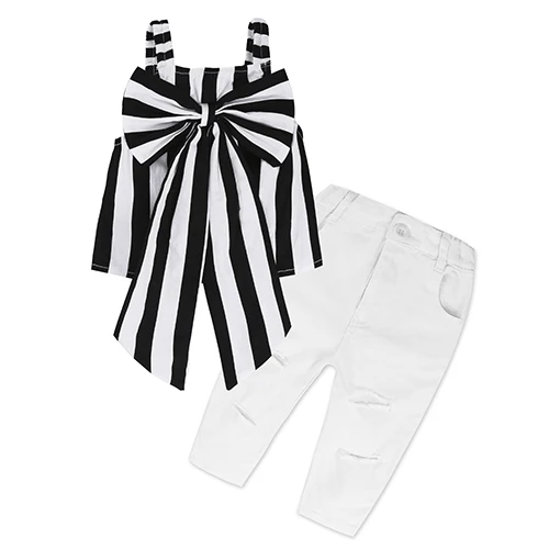 2018 Fashion Girls Suit stripe Tops + pants 2 Pieces The Strapless Set Kids Bowknot Hole white Jeans girls clothing setMCC028 9