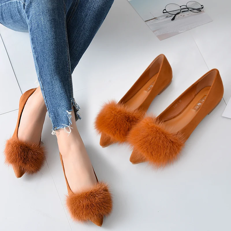 Luxury designer mink hair pointed toe creepers flats shoes high quality flock ballet flats women cozy moccasins big size 34-41