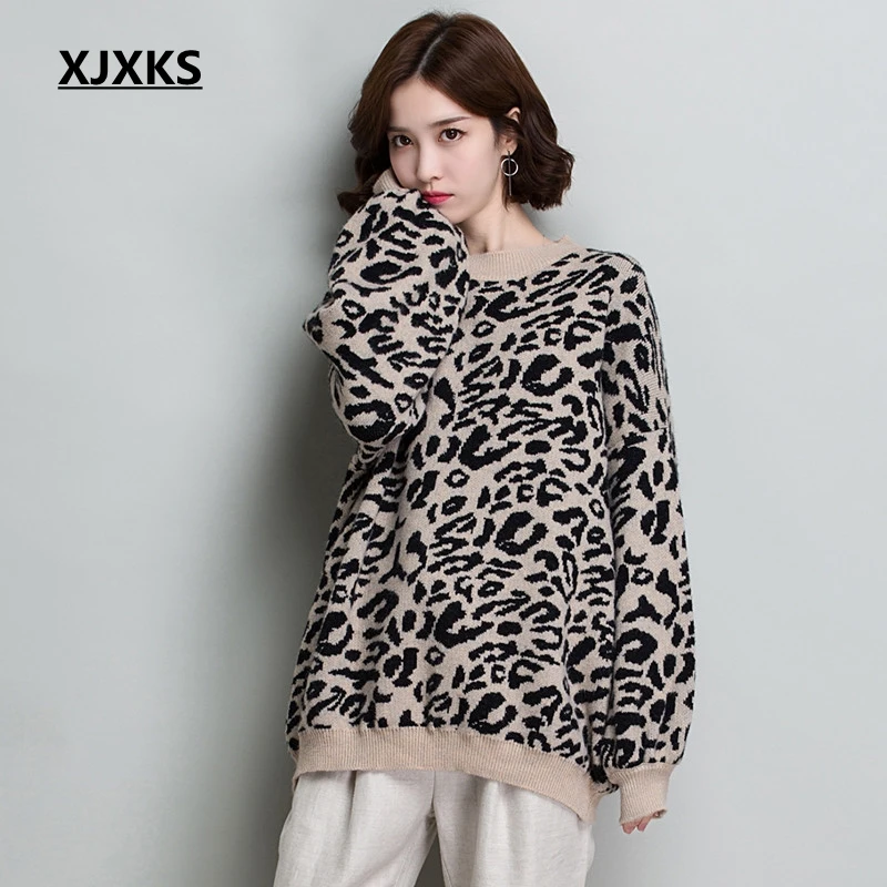 

XJXKS Highstreet Elegant Knitted Sweater Women Loose Leopard Sweater Befree Jumper Autumn 2018 Casual Campus Women Pullovers