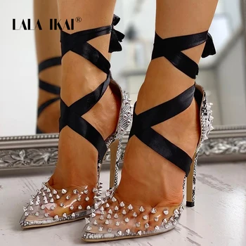 

LALA IKAI Rhinestone Women Pumps Lace-Up Wedding Shoes Spring Summer High Heels Sexy Party Shoes Chaussures Femme XWC3941-4