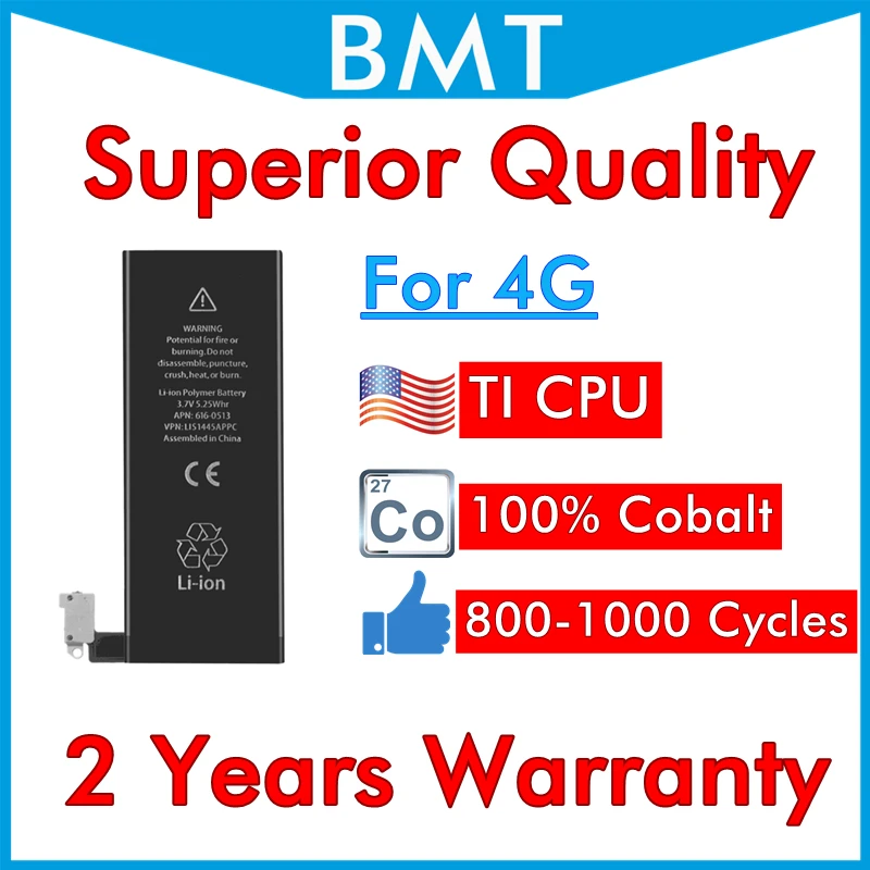 BMT оригинал 5 шт. высокое качество батарея для iPhone 4 4G 1420 мАч 3 7 в 100% кобальтовая TI CPU