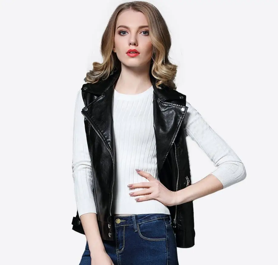Women Leather Vest PU Soft Vest Ladies tatical Leather Motorcycle Vest